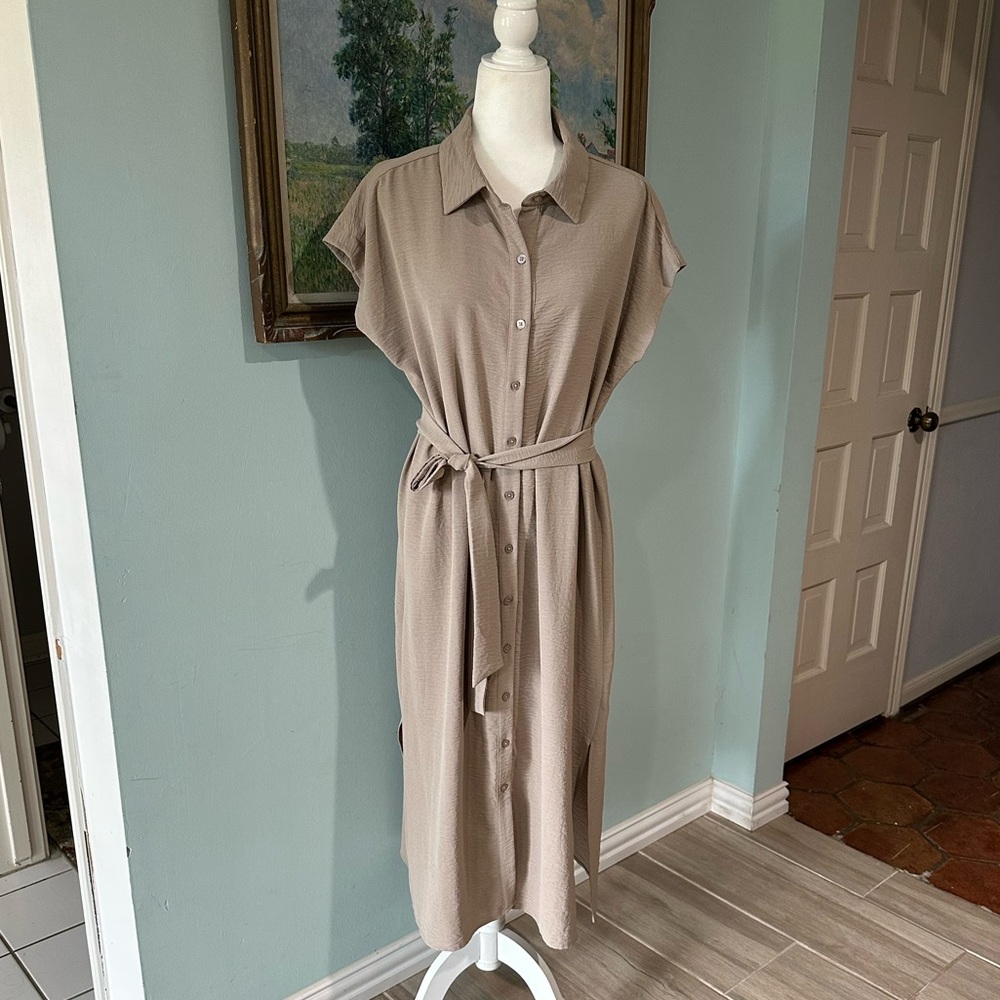 DKNYC Tan Midi Dress with Notched Collar and Tie Front